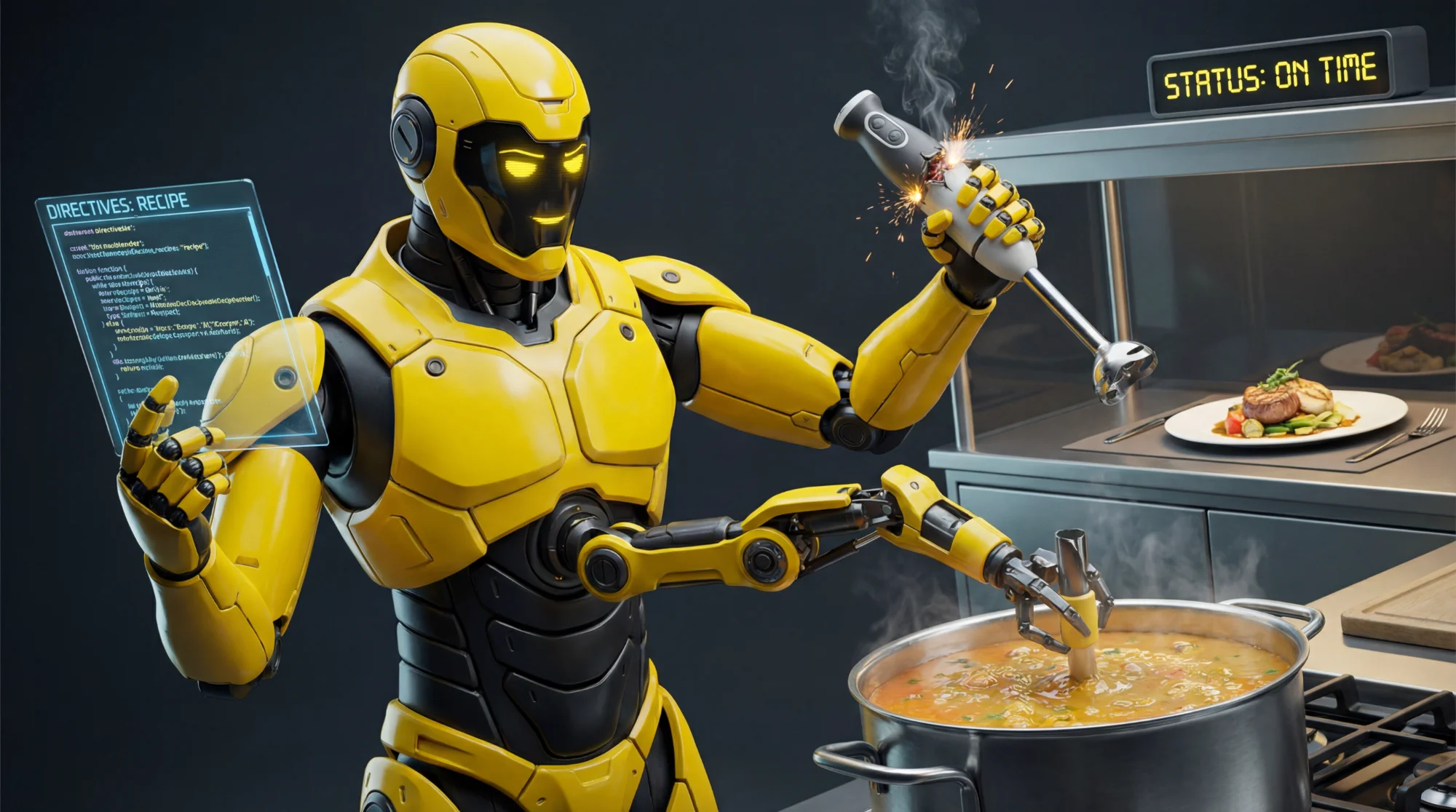 Agentic Workflow: Sárga AI robot séf főz a konyhában